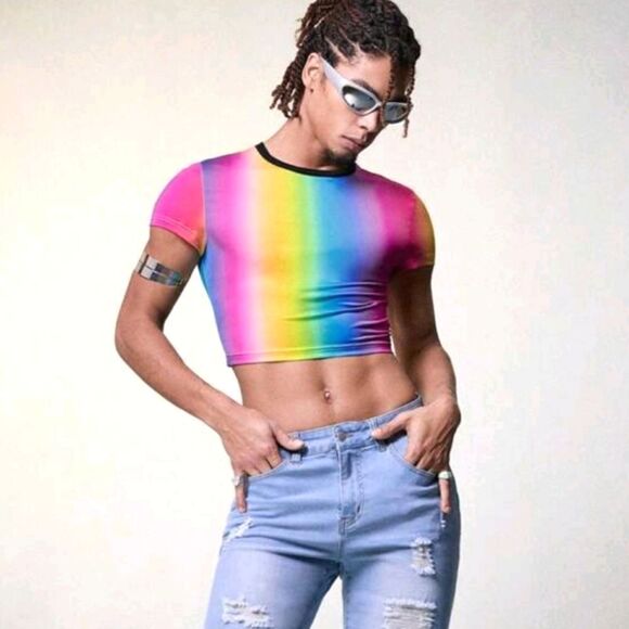 Sexy mens pride rainbow crop top sz xl - Picture 4 of 6
